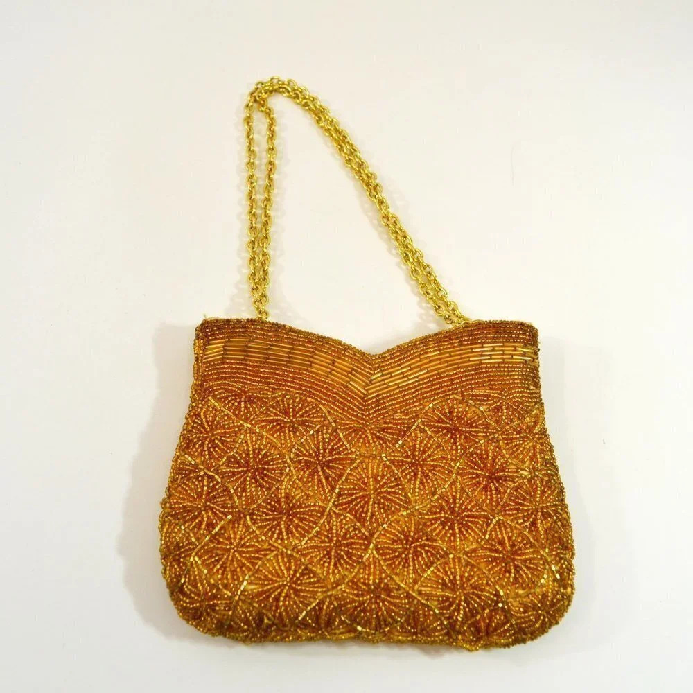Vintage Gold Tone Beaded  Evening Bag Purse